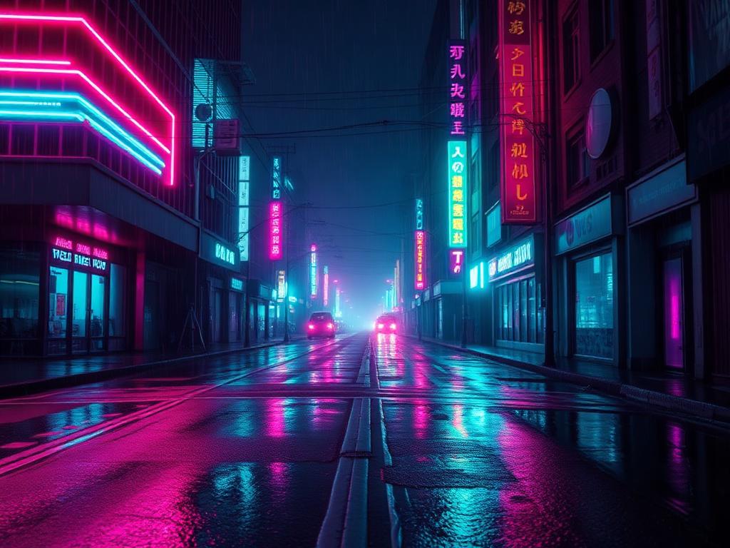 Result generated with the prompt: Rain-soaked neon city plate