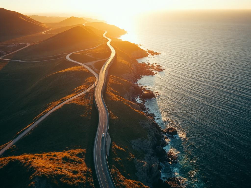 Result generated with the prompt: Golden hour aerial establishing shot